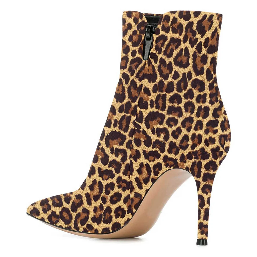 Stiletto Heel Pointed Toe Zipper Leopard Print Short Boots for Women