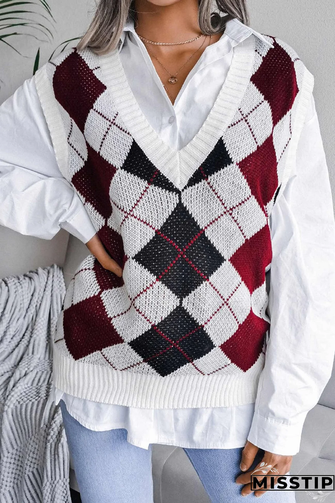 V Neck Checked Knit Tank Sweater