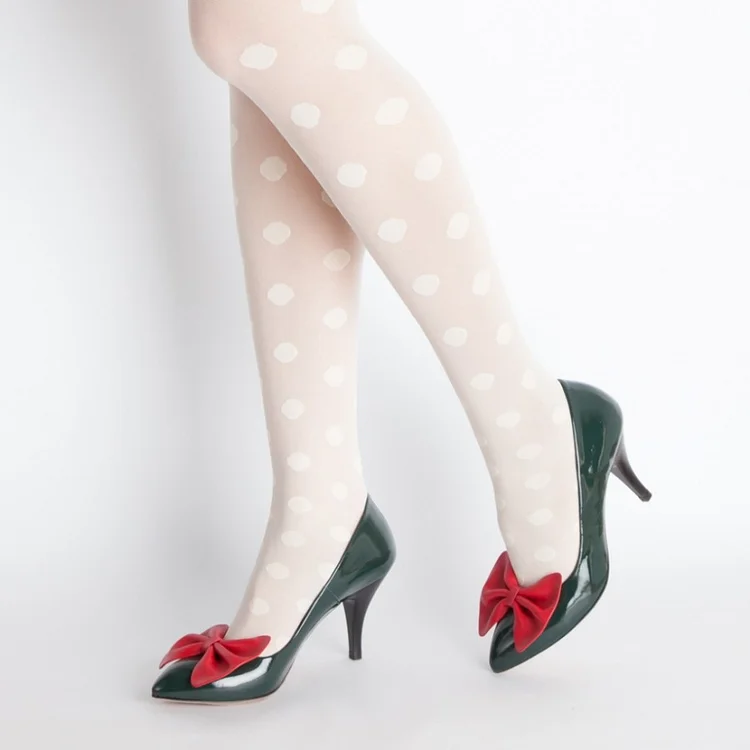 Green Patent Leather Mid Heel Pumps Shoes with Red Bow |FSJ Shoes