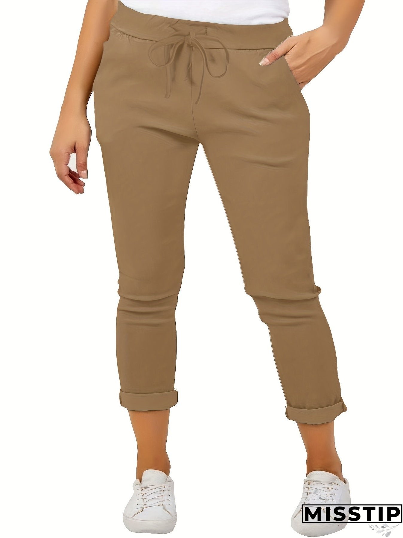 Plus Size Casual Pants, Women's Plus Solid Drawstring Roll Up Hem Slight Stretch Pants