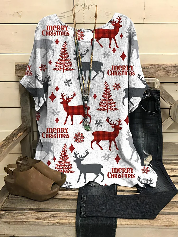 Women's Christmas Tree Elk Art Printed Casual Half Sleeved Top