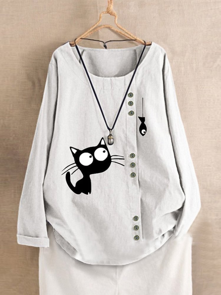 Cartoon Cat Printed Long Sleeve Shirt For Women P1563568