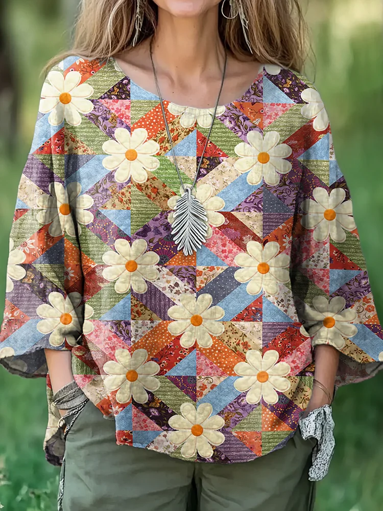 Women's Floral Plaid Collage Print Pattern Casual Cotton And Linen Shirt