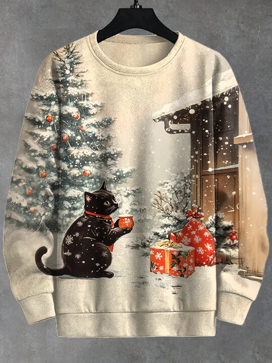 Men's Christmas Black Cat Drinks Hot Tea Print Casual Sweatshirt