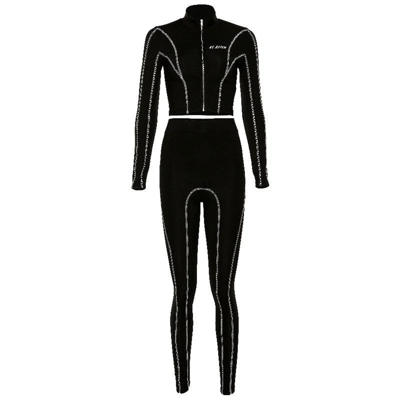 long sleeve zipper fashion reflective letters sportswear + leggings 2020 tops outfits women 2 pieces set fitness tracksuit