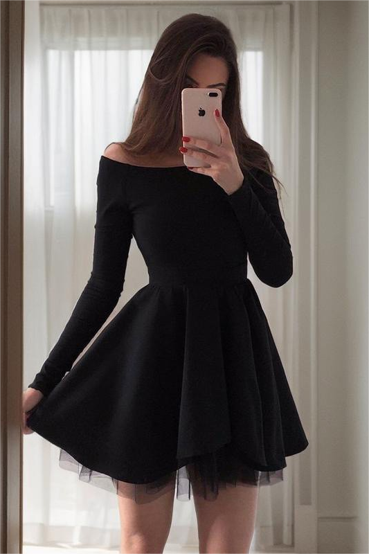 Daisda Simple Black Satin Long Sleeves Strapless Short Homecoming Dress With Pleated