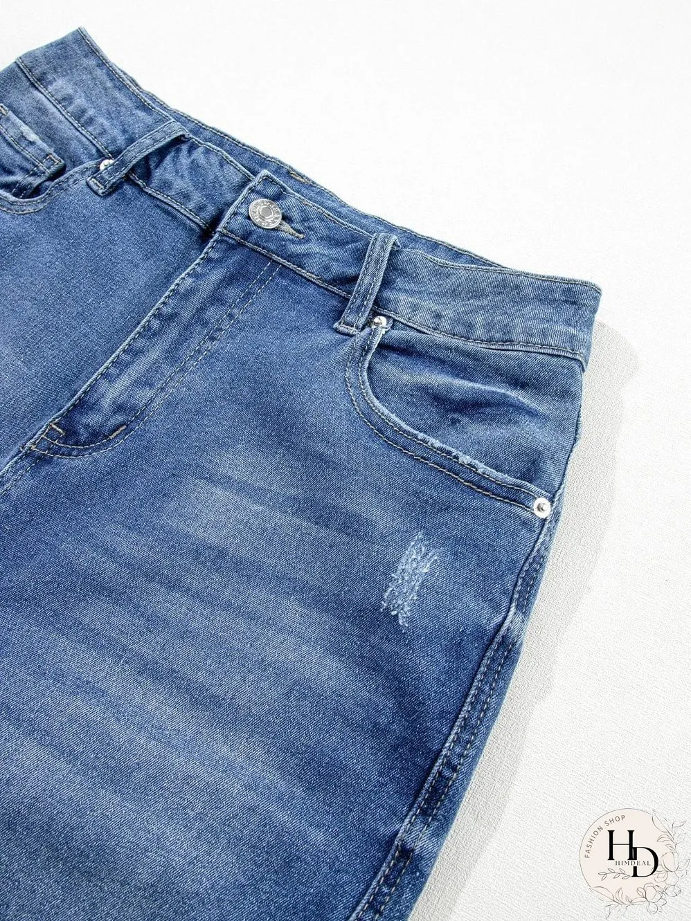 Blue Raw Hem Straight Jeans with Leopard Print Patchwork Detail and Ripped Holes - Women's Denim Clothing