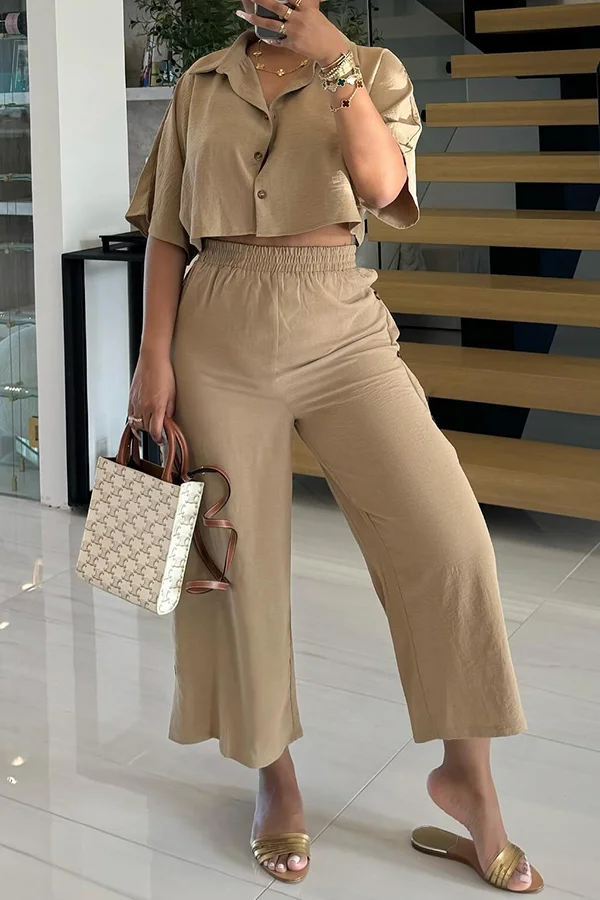 Casual Solid Top & Button Design Pants Set