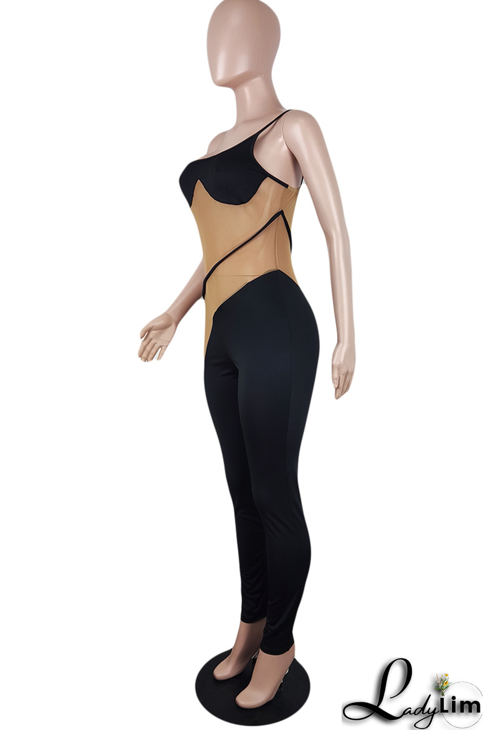 Blue Sexy Solid Mesh Spaghetti Strap Jumpsuits