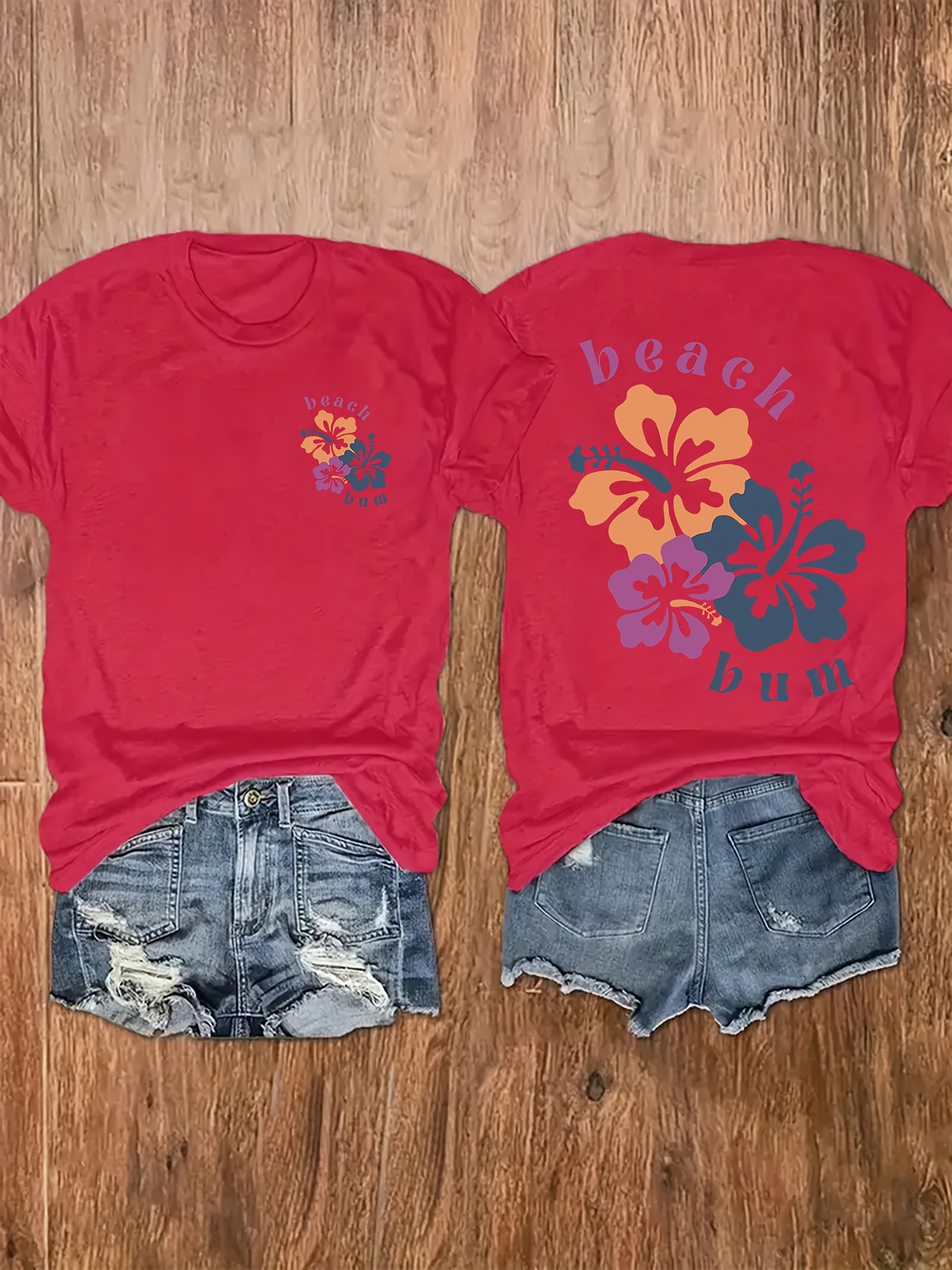 Women's Casual Short Sleeve Round Neck T-Shirt - Soft Pink Tropical Hibiscus Flower Print With Beach Bum Graphic, Summer Vacation Beachwear, Machine Washable, Beach Clothes, Summer Apparel, Relaxed Fit Tee, Breathable Fabric | IFYHOME