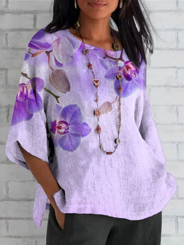 Women's Alzheimer'S  Purple Flowers Print Round Neck Loose Shirt