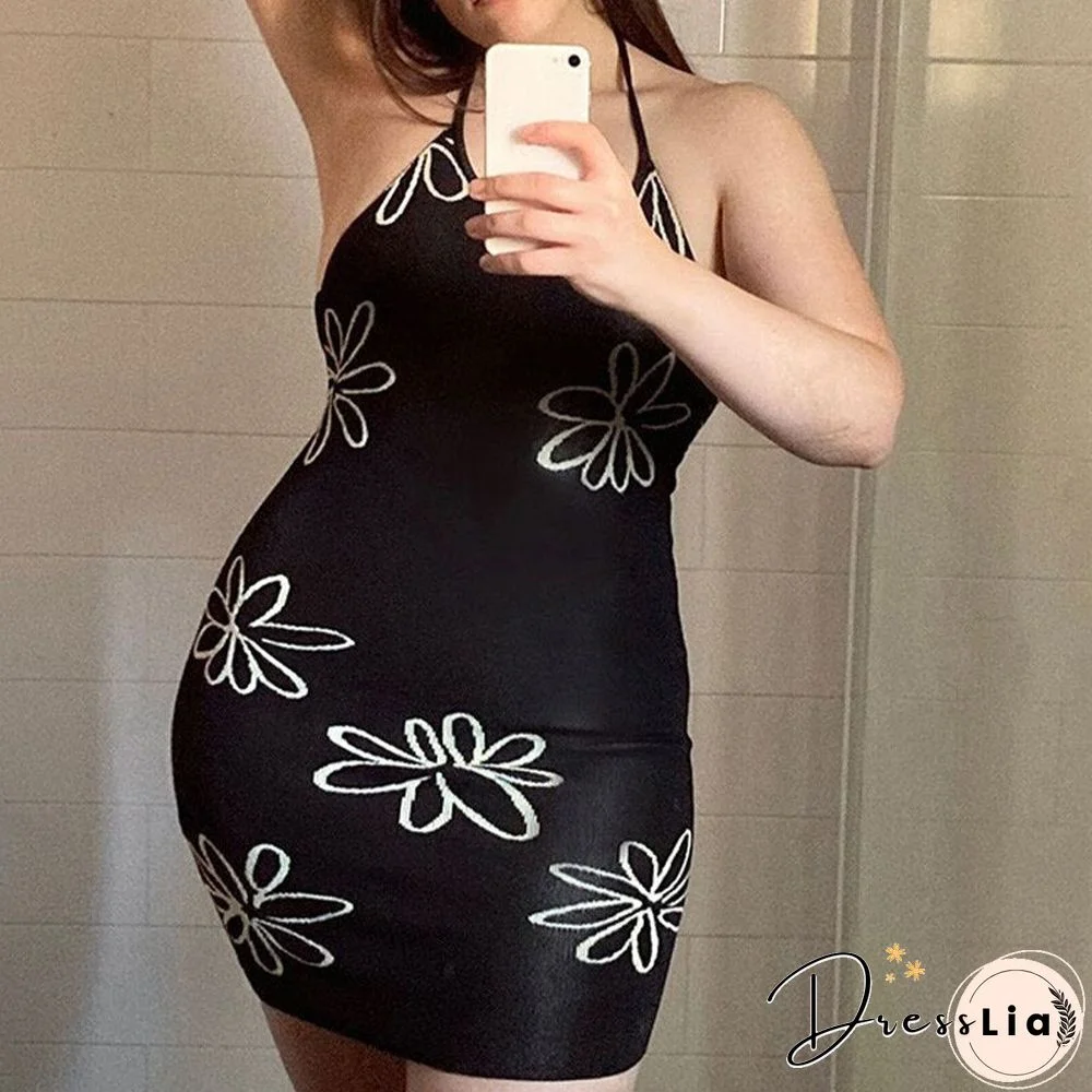 Summer Floral Backless Knitted Bodycon Dress Women Halter Neck Y2K Sexy Sleeveless Beach Vintage Mini Dresses Party
