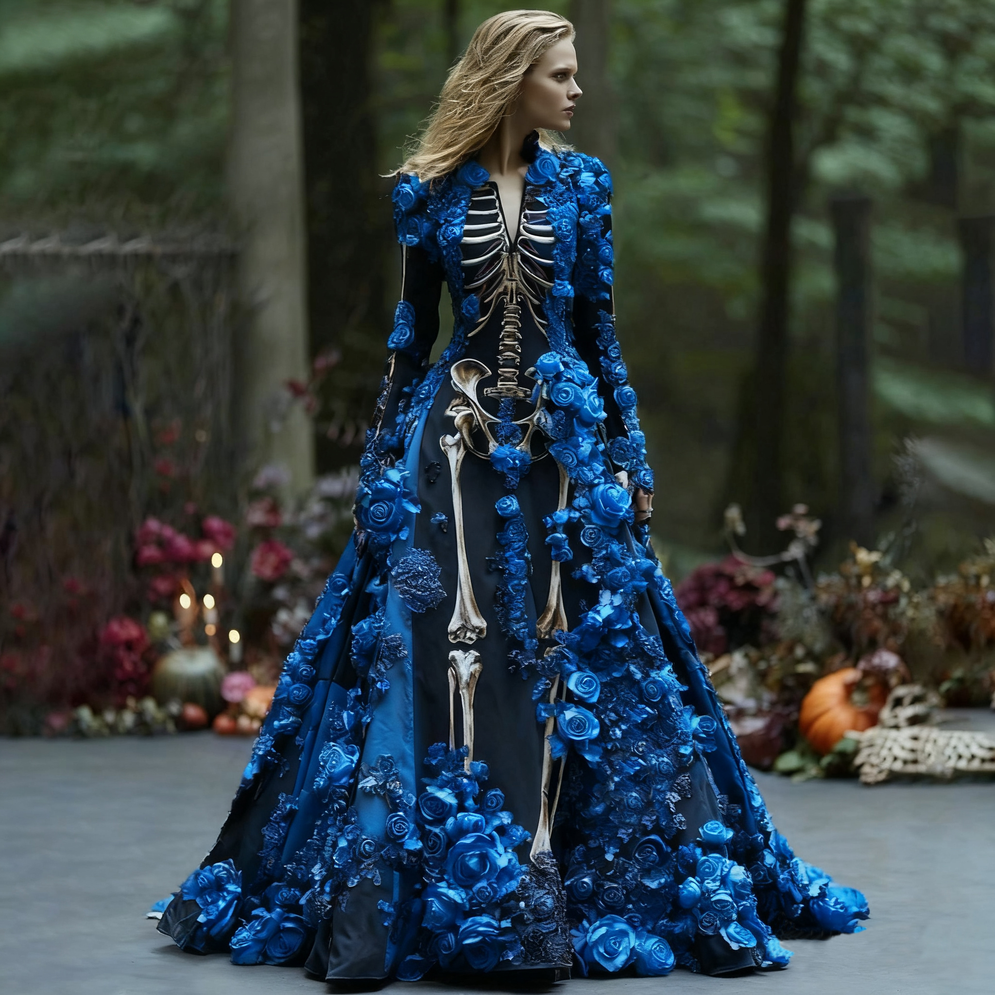 Women's Elegant Retro Skull Flower Pattern V-neck Long Sleeve Maxi Dress artswardrobe