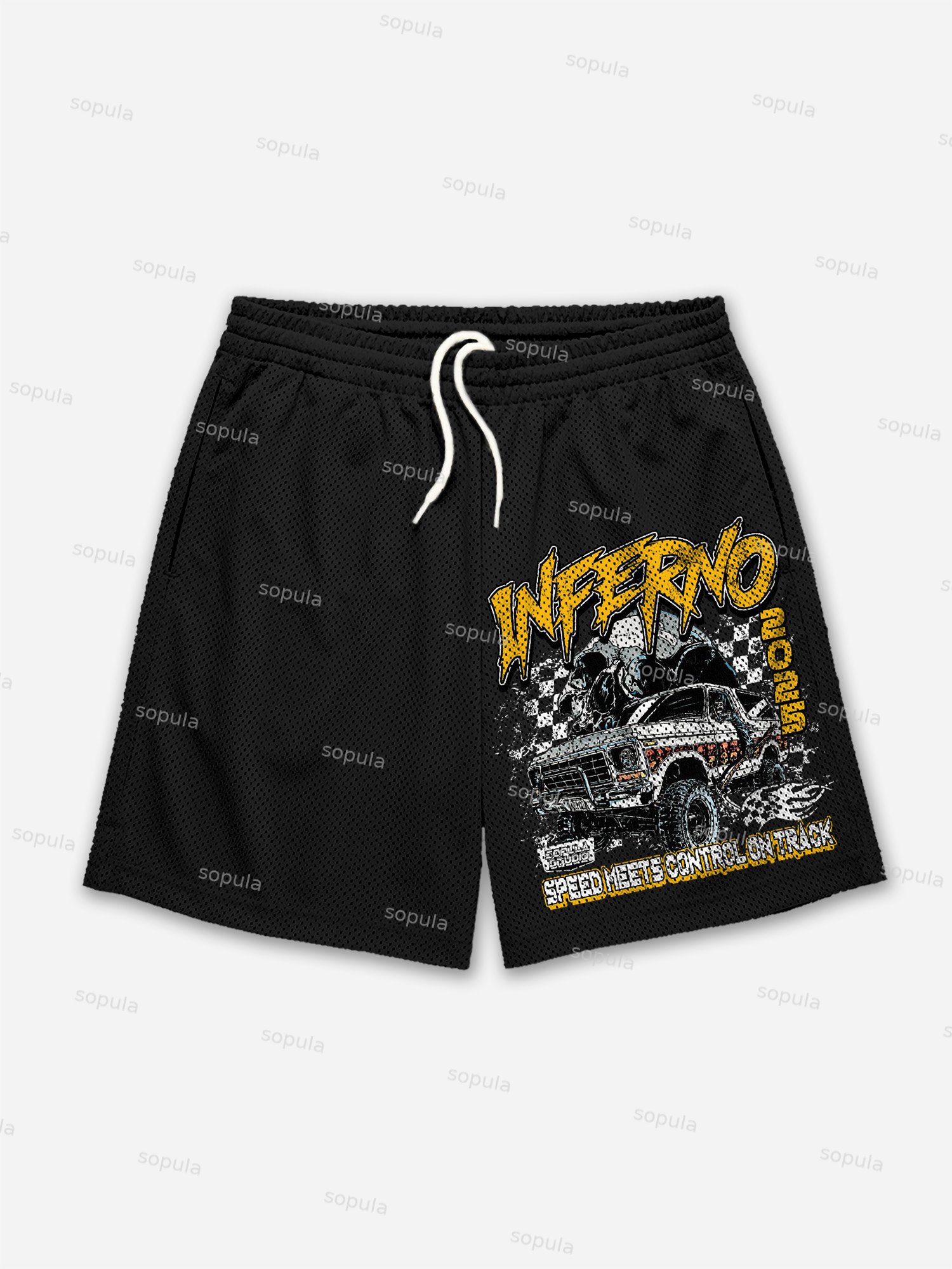 Racing Inferno Skeleton Print Mesh Shorts - SOPULA