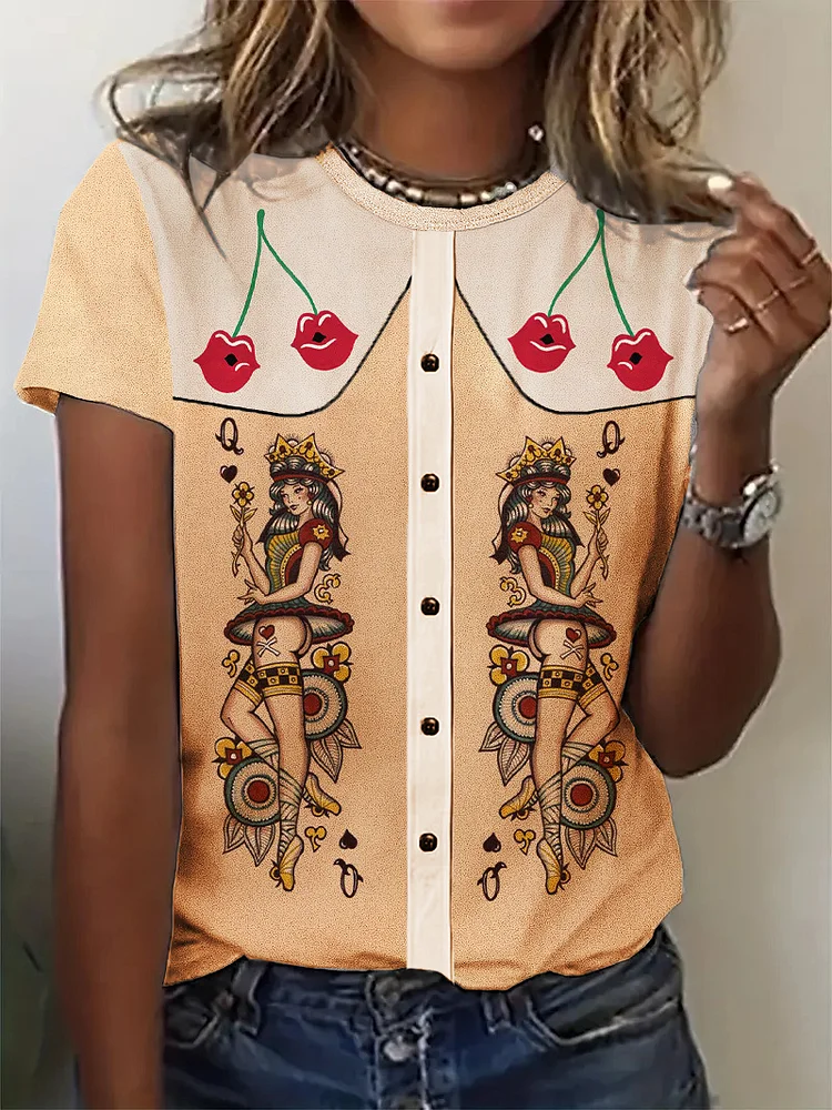 Cherry&Poker Girl O-Neck T-Shirt Tee