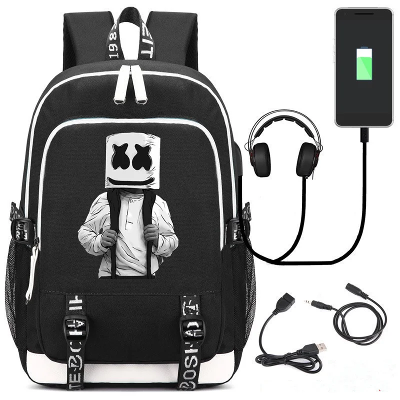 DJ Musician Marshmello Backpack USB Rechargeable Schoolbag Travel Bag