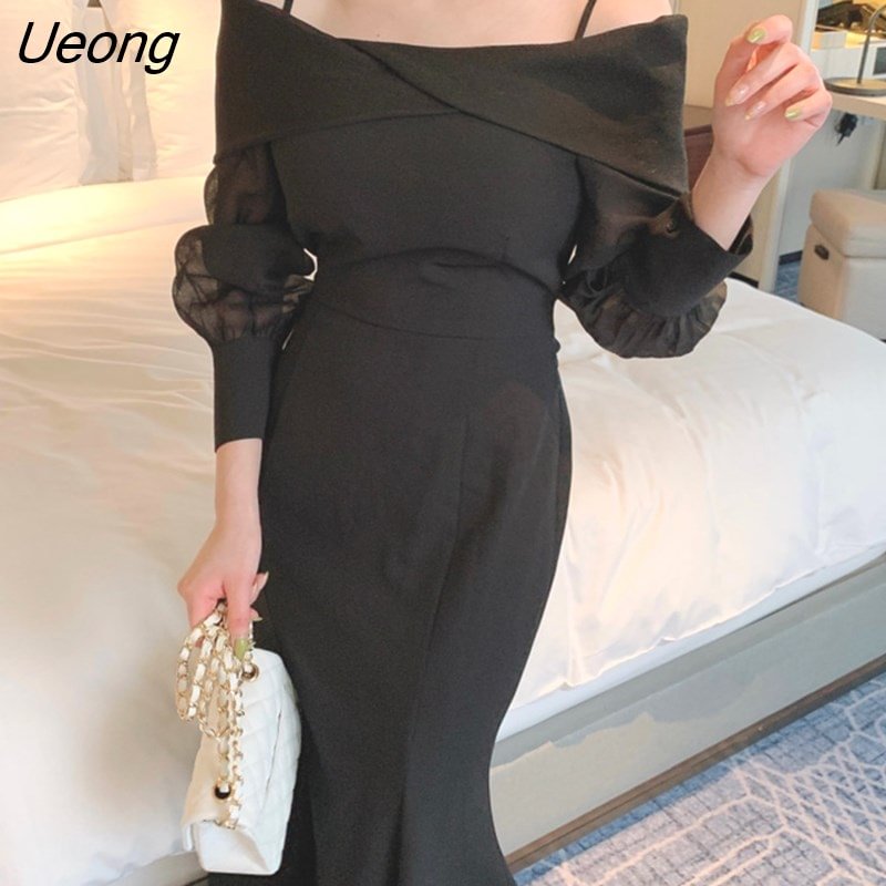 Ueong Elegant Ruffles Dress Women 2023 Spring Long Sleeve Spaghetti Strap Vintage Party Dresses Office Ladies Clothing