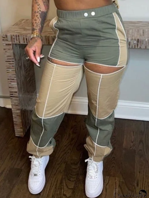 Pants Contrast Panel Hollow Stretch Casual Pants for Women