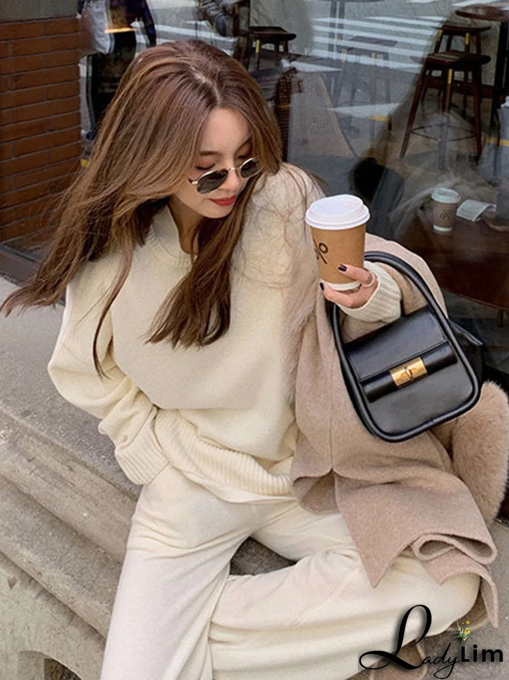 Casual Loose Solid Color Round-Neck Sweater Tops & Wide Leg Pants Suits
