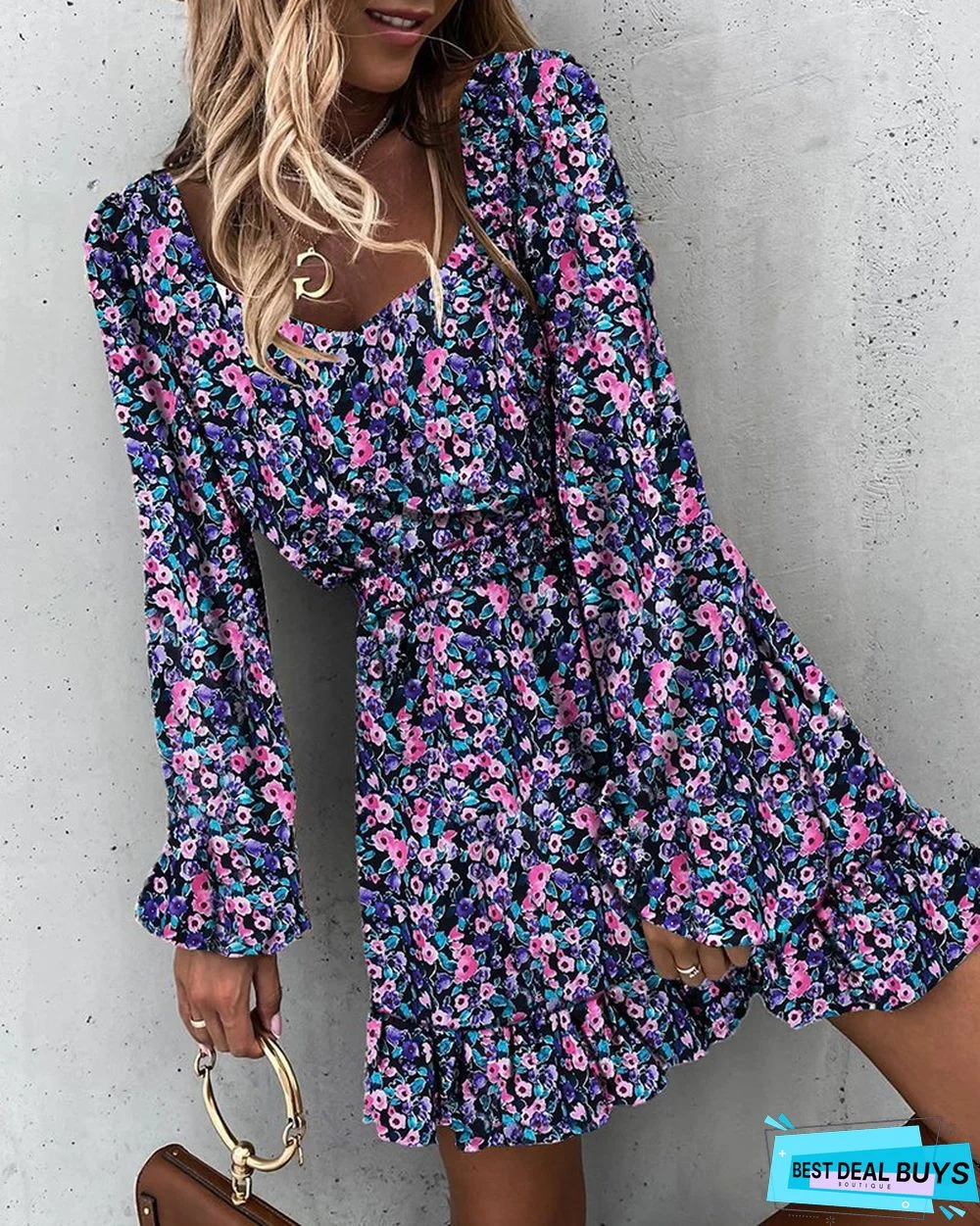 Long Sleeve Elastic Waist Ruffle Printed Dress