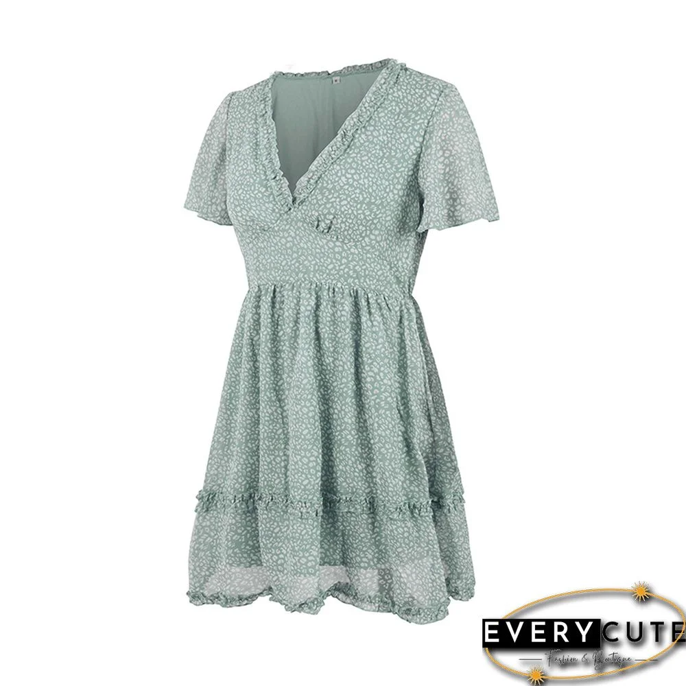 Light Green Layered Ruffle V Neck Floral Dress