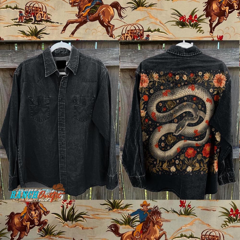 Vintage Black Snake Flowers And Plants Print Casual Shirt Multicolor / S