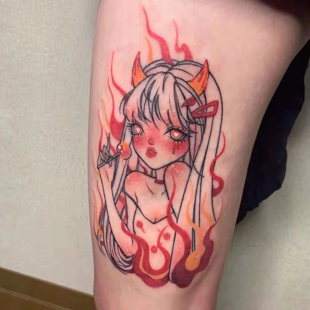 Sdrawing Temporary Tattoo Sticker Anime Cartoon Cute Pink Hair Girl Flower Necklace Fake Tatto Flash Tatoo Art for Women Men