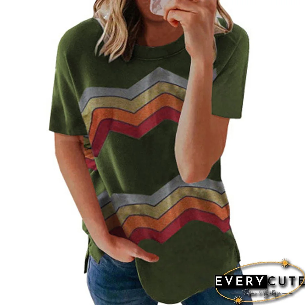 Army Green Colorful Wave Stripe Short Sleeve Tees