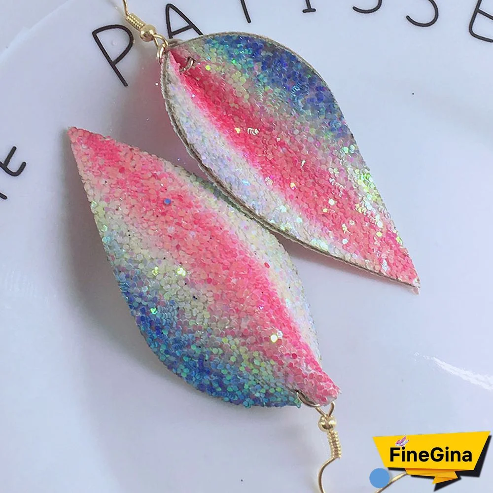 ZWPON Glitter Rainbow PU Leather Leaf EarringsFor Women Looking Various MultiColor Summer Leather Party Earrings Wholesale