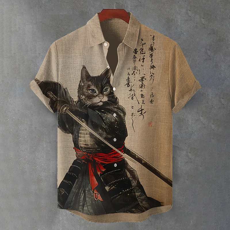 Men's Retro Japanese Cat Samurai Art Print Short Sleeve Shirt  artssus
