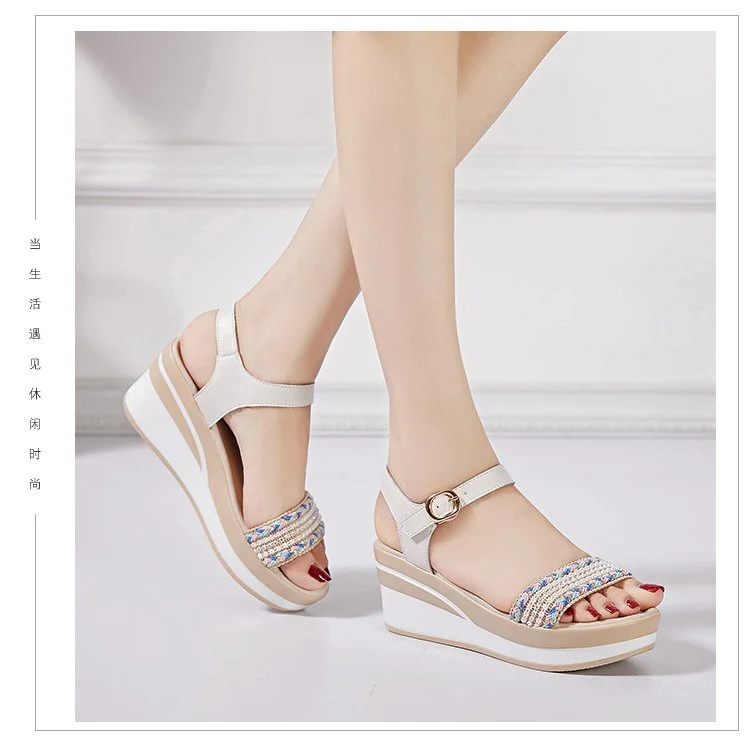 Yyvonne Sandals And High-Heeled Roman Pine Cream Sandals Round Head Water Drill Bohemian Sandals