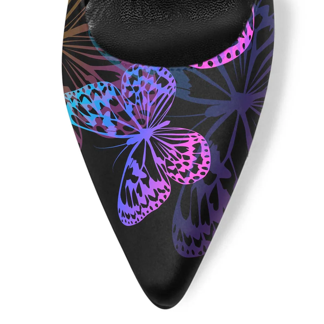 Multicolor Butterfly Pointed Toe Flared Heel Pearl Bow Pumps Shoes