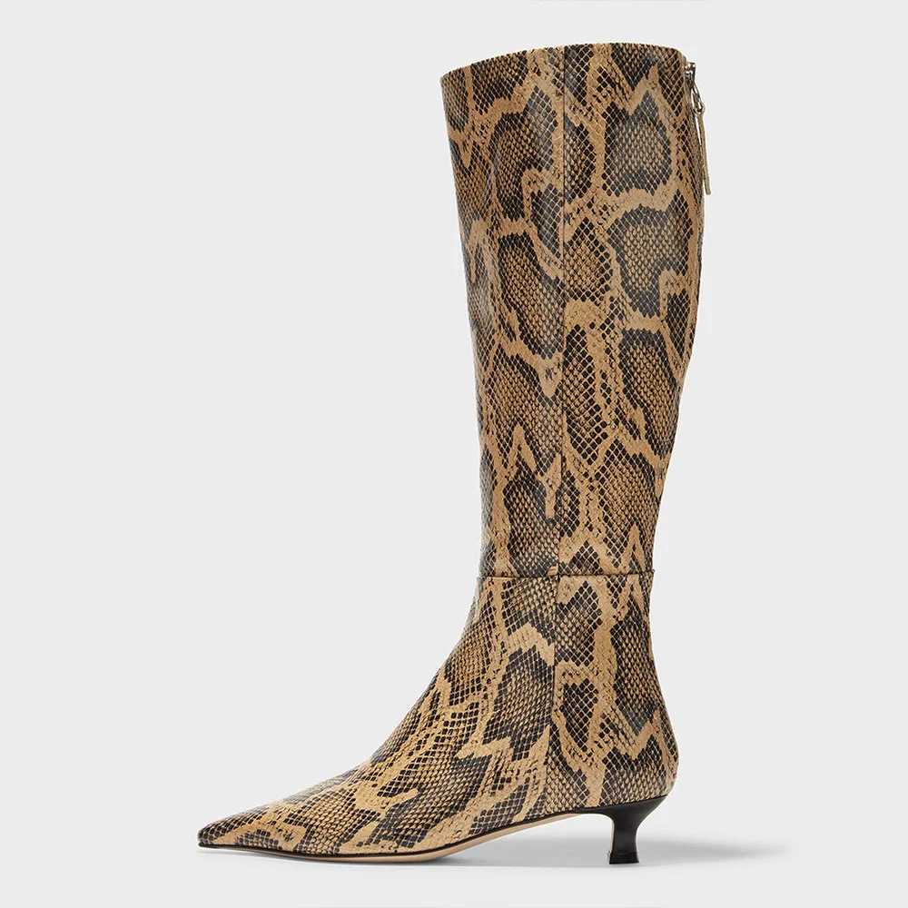 Tan & Black Snakeskin Pointed Toe Kitten Heel Knee High Boots