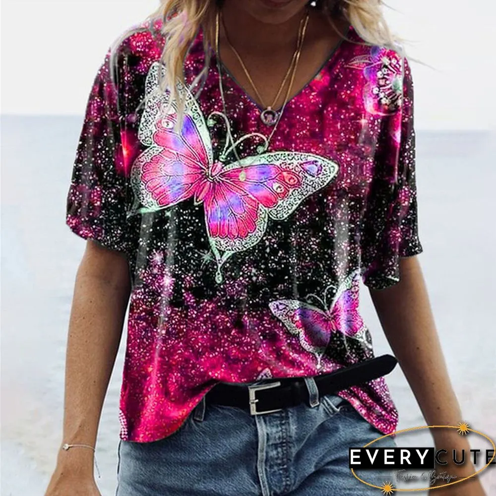 Women's Fashion Spring and Autumn New Five-point Sleeve Butterfly Print Tops