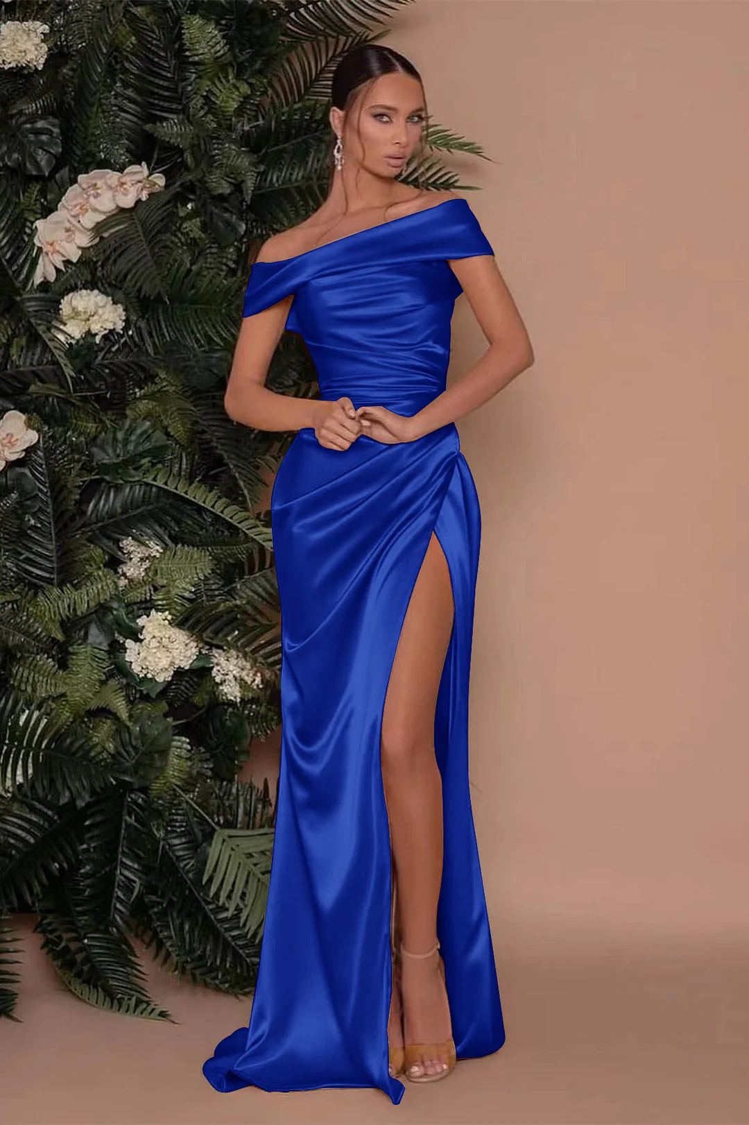 Daisda Champagne Off The Shoulder Prom Dress Charmeuse Split Mermaid