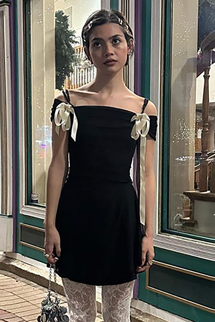 Colorblock Tie Up Dropped Shoulder A-Line Slip Mini Dresses-Black