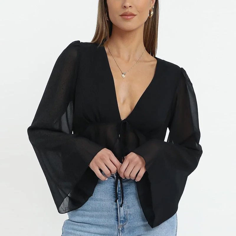 Sonicelife Spring Flare Long Sleeve Beach Shirts Blouse Solid  Deep V Neck Women Shirt Blusas Summer Tie-Up Hollow Out Tops Streetwear 0424