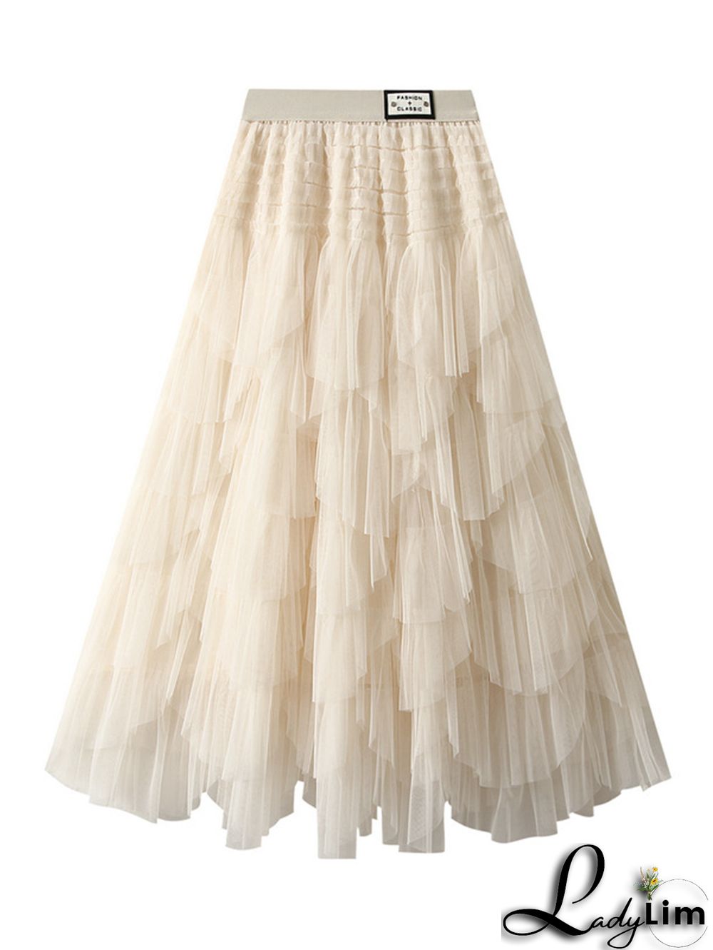 Elegant Solid Color Elastic Waist Puffy Tiered Skirt