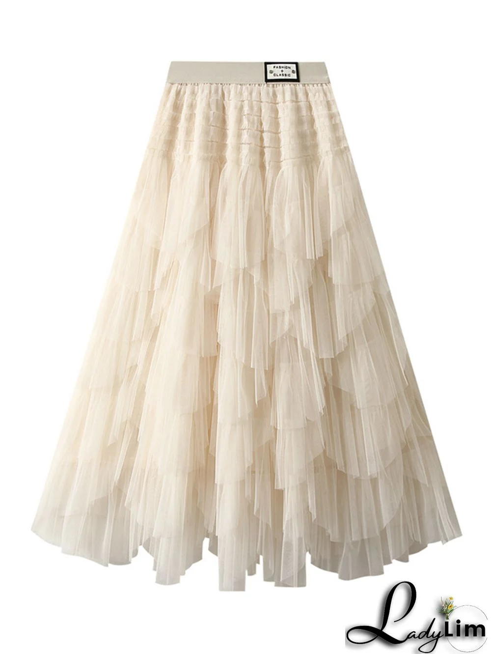 Elegant Solid Color Elastic Waist Puffy Tiered Skirt