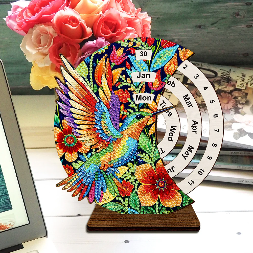 DIY Flowers Hummingbird Special Shape Diamond Painting Spinning Calendar for Adults