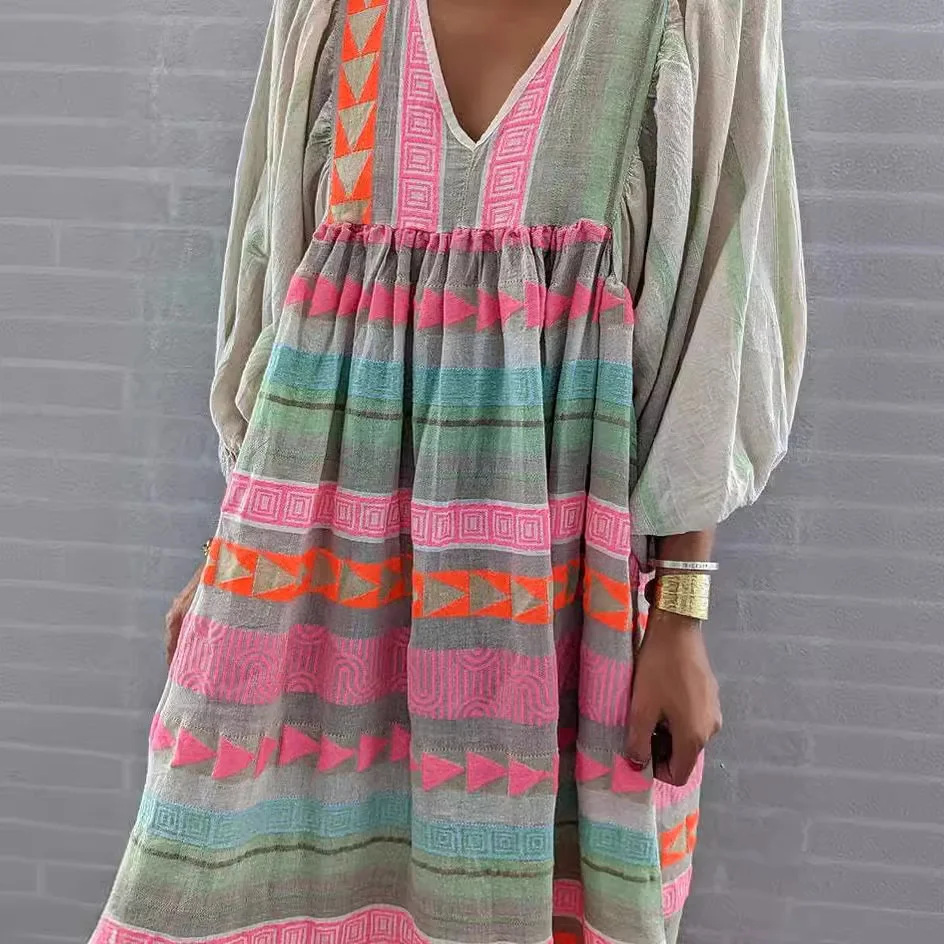 Brownm Brownm Women's New Fashion Sleeve Deep V-Neck Loose Large Size Bubble Sleeve Color Folds Casual Dress Women