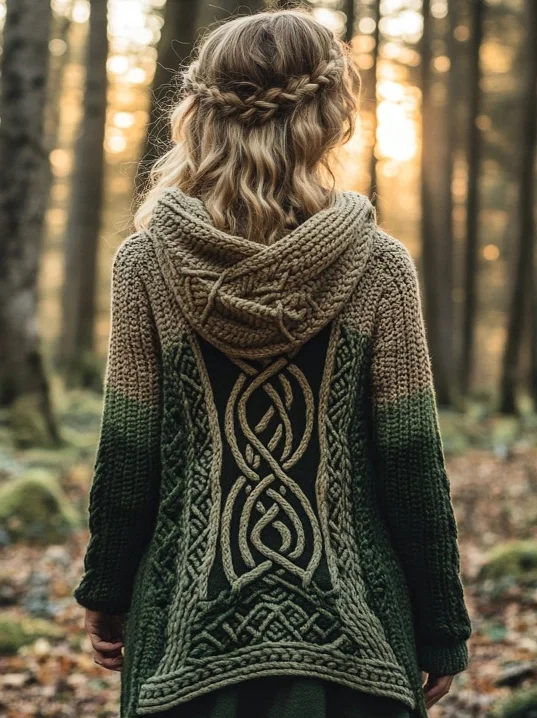 Women's Celtic Knot Contrast Color Cozy Knit Hooded Sweater