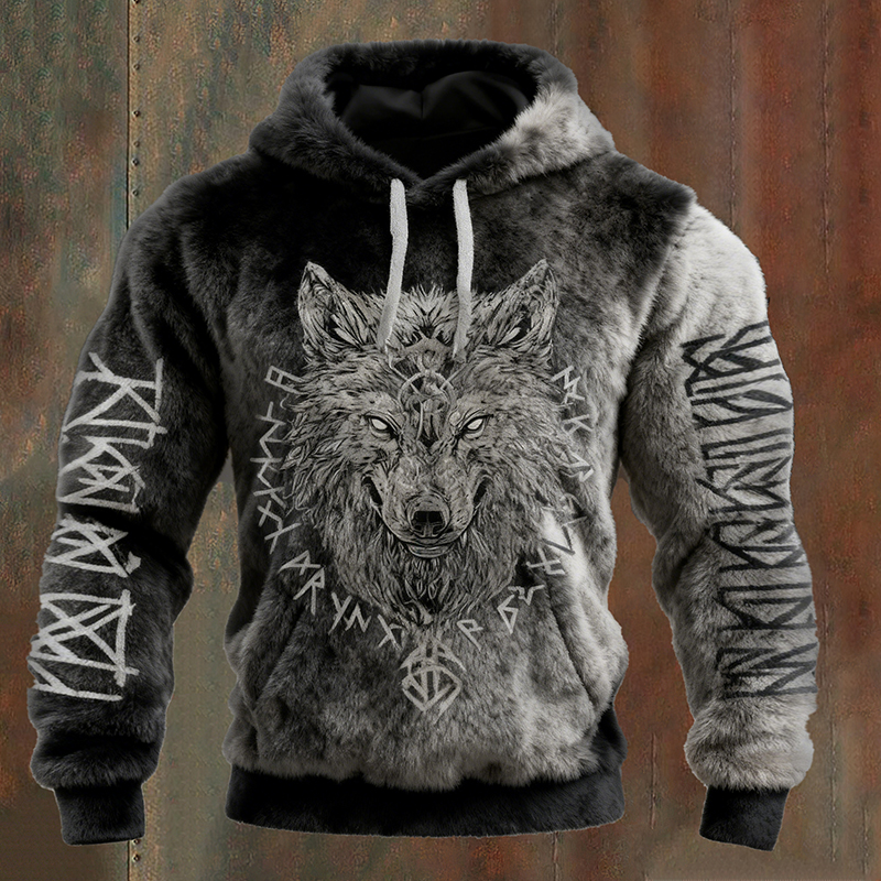 Men's Viking Vegvisir Wolf Runes Art Cozy Gradient Flannel Hoodie elevenforest