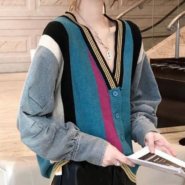 Design Loose V-neck Contrast Color Color-block Patchwork Denim Long Sleeve Knitted Cardigan