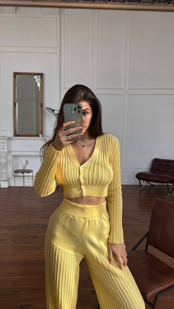 Ootddress Women Casual Knitted Sweater Outfits Buttons See-Through Long Sleeve High Waist Knit Two Piece Fashion Trousers Outfits
