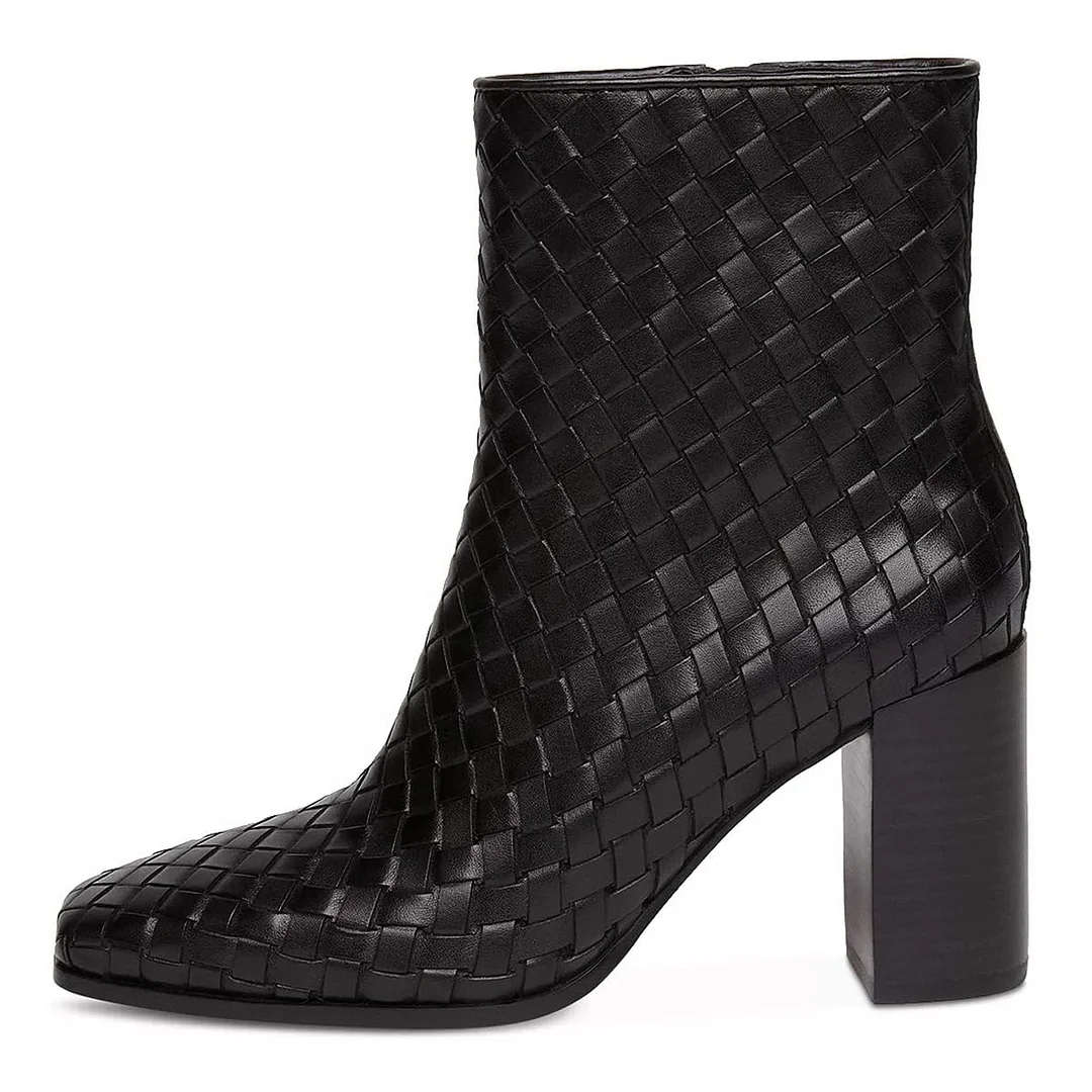 Black Vegan Leather Woven Side-Zip Ankle Boots with Block Heels