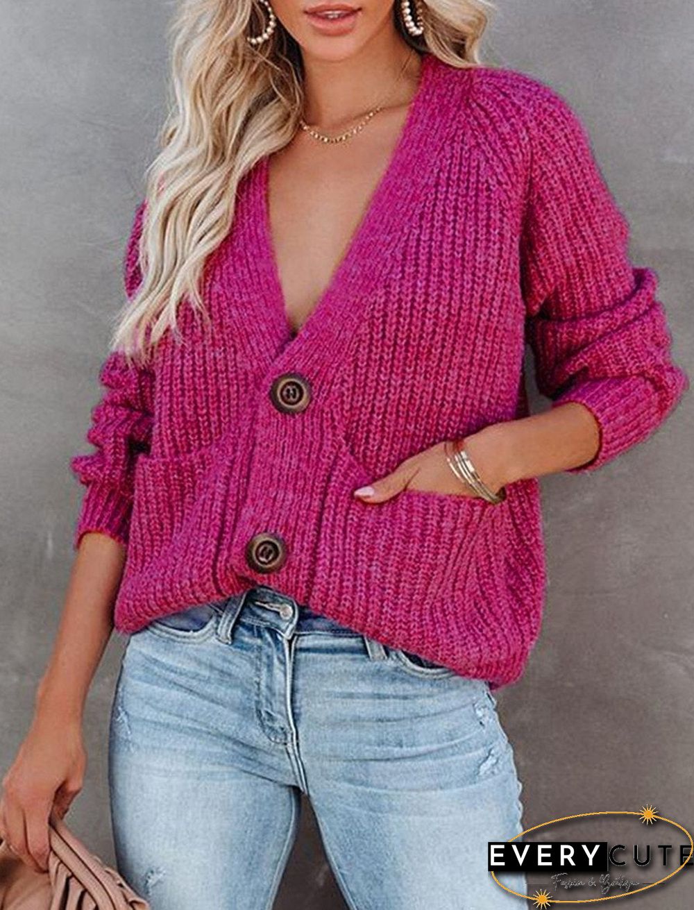 Solid Color V-neck Single-breasted Long-sleeved Knitted Cardigan