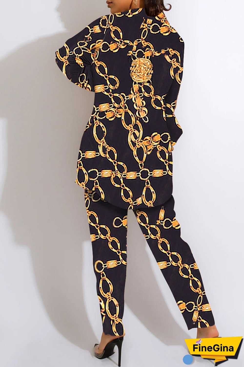 Tiger Pattern Fashion Casual Print Cardigan Vests Pants Turn-back Collar Long Sleeve Two Pieces