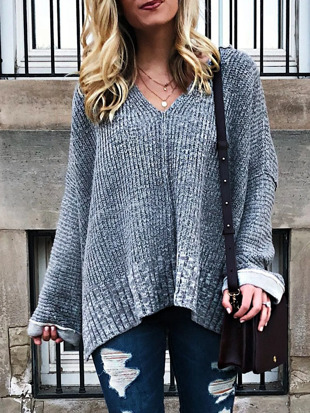 Gray Long Sleeve Cotton-Blend Sweater