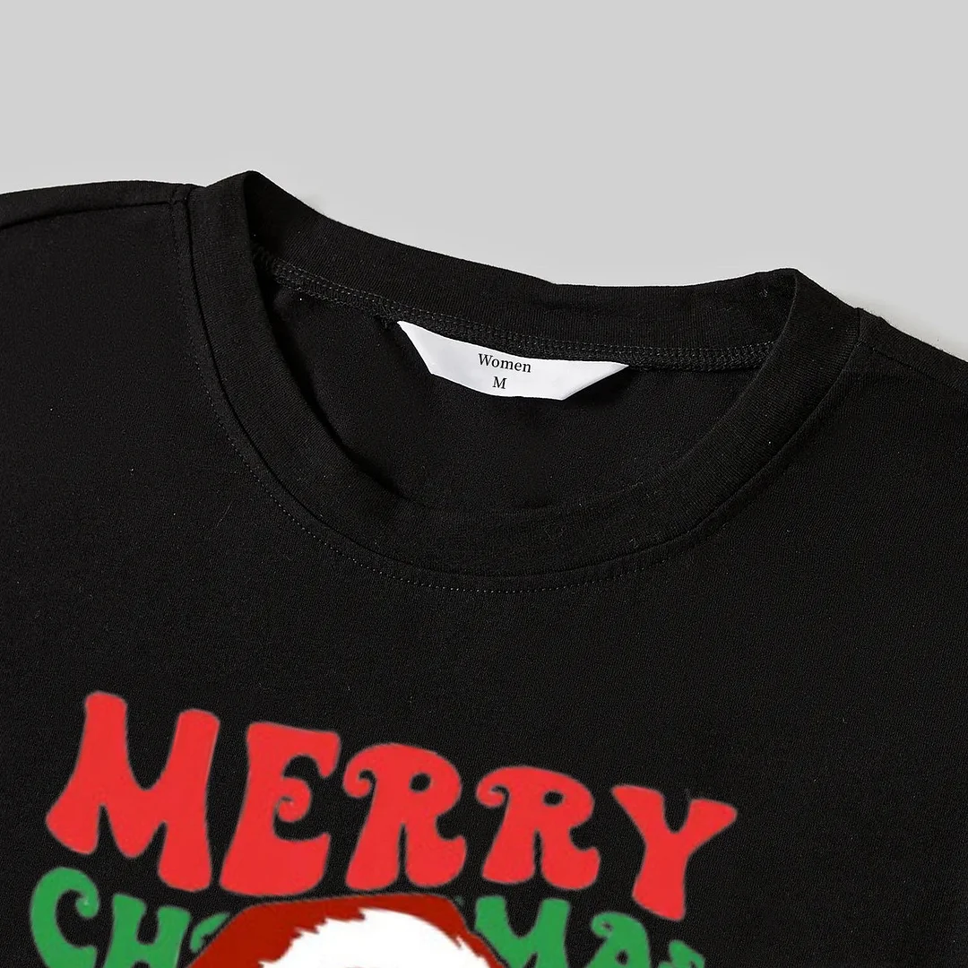 Colorful "Merry Christmas" and Santa Claus Print Black Long Sleeve Top with Black And Green Plaid Pants Family Matching Pajamas